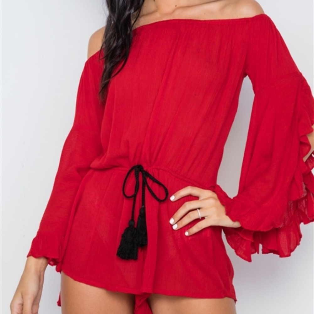 RED OFF-THE-SHOULDER RUFFLE SLEEVES ROMPER - Picture 2 of 5